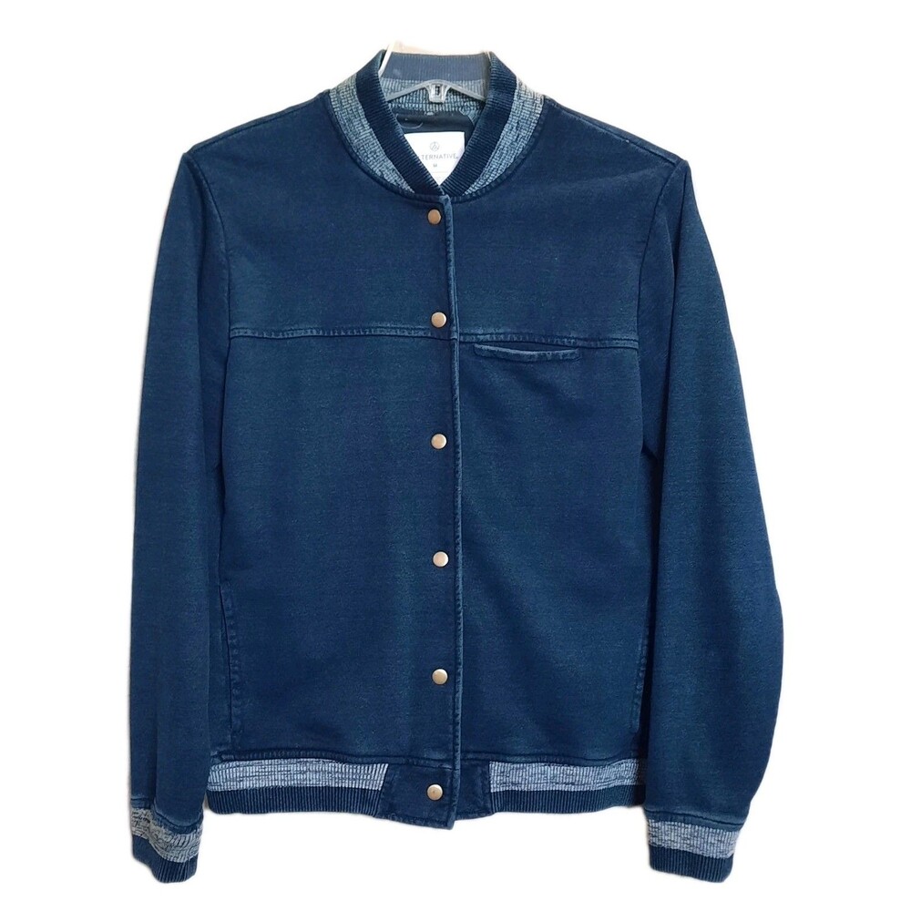 Alternative Men's Denim Varsity Baseball Bomber Jacket Dark Wash Size M XLNT
